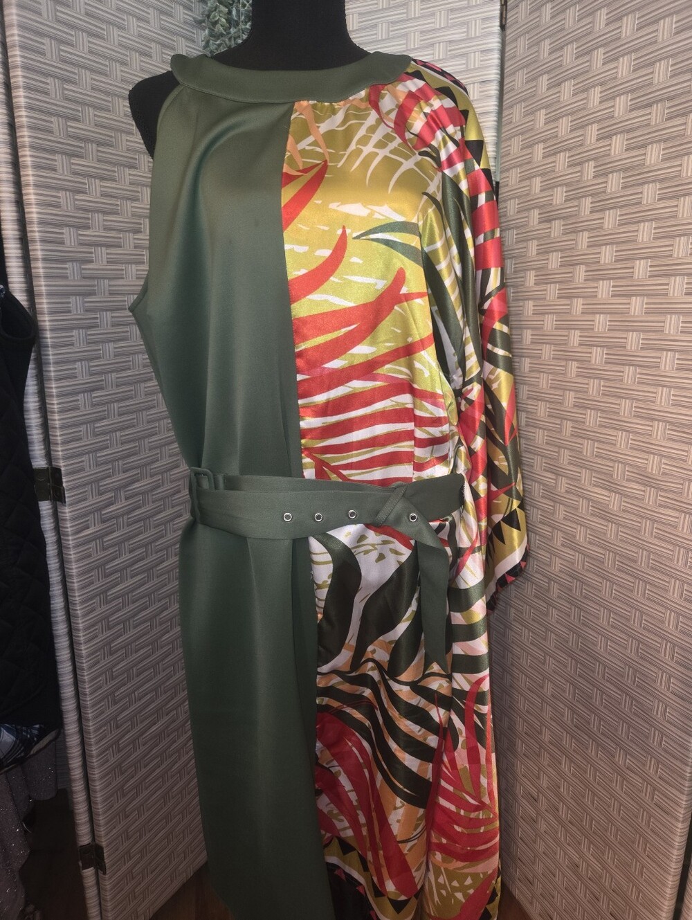 Ashley Stewart Olive Green and Red Tropical Belted Dress